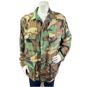 Coat Combat Woodland Camouflage Shirt Mens L Long Camo Ripstop